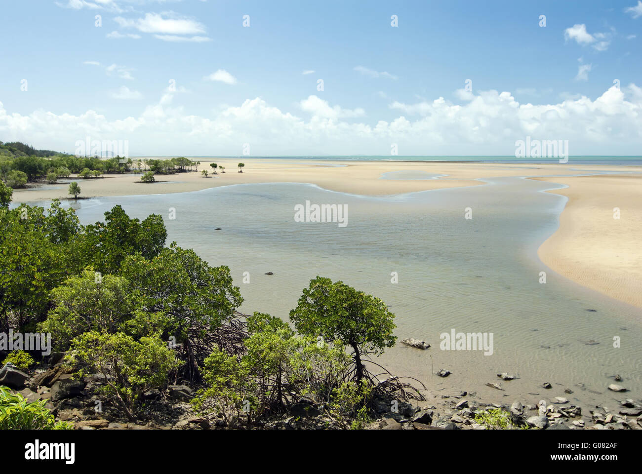 Low Tide at the Beach with Mangroves and a Lagoon Stock Photo