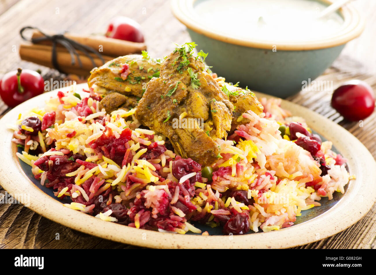 persian albaloo polo with sour cherries and chicken Stock Photo