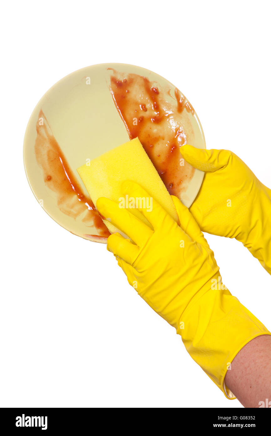 hands in rubber yellow gloves washing dirty plate Stock Photo - Alamy