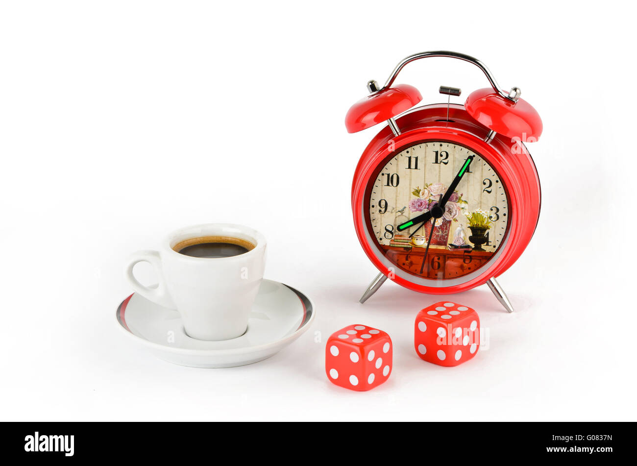 https://c8.alamy.com/comp/G0837N/red-alarm-clock-coffee-cup-and-dice-G0837N.jpg