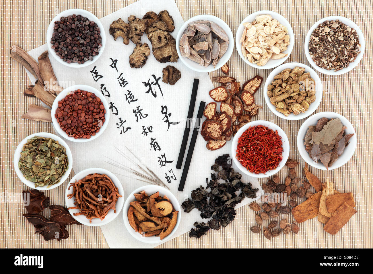Chinese herb ingredients, acupuncture needles and moxa sticks, with