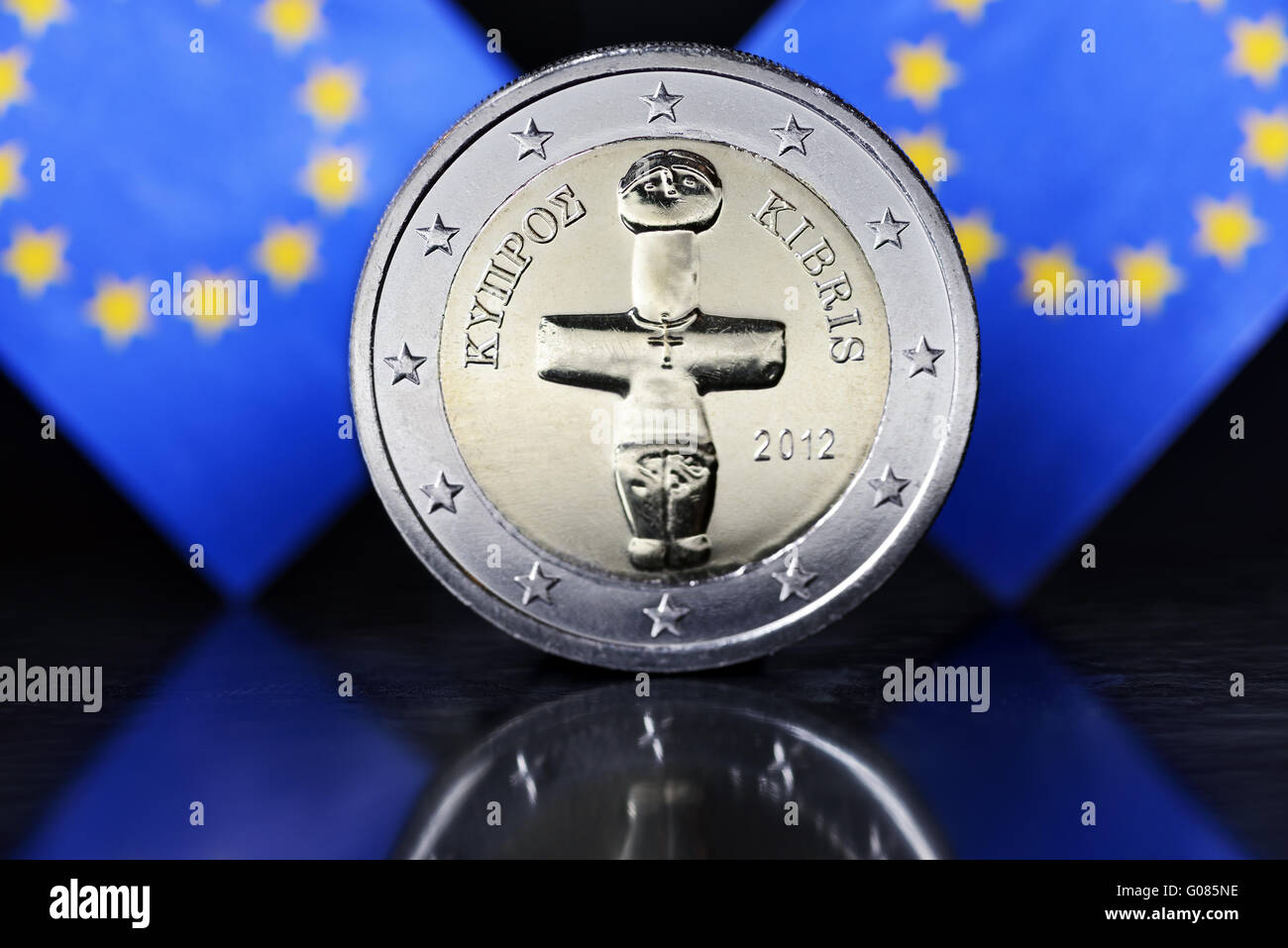 Two euro coin of Cypres and EU banner Stock Photo