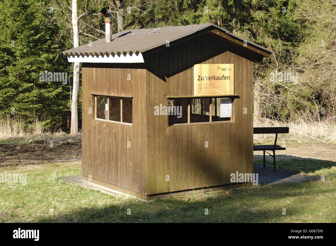 border cabin for sell at an abandoned border Stock Photo