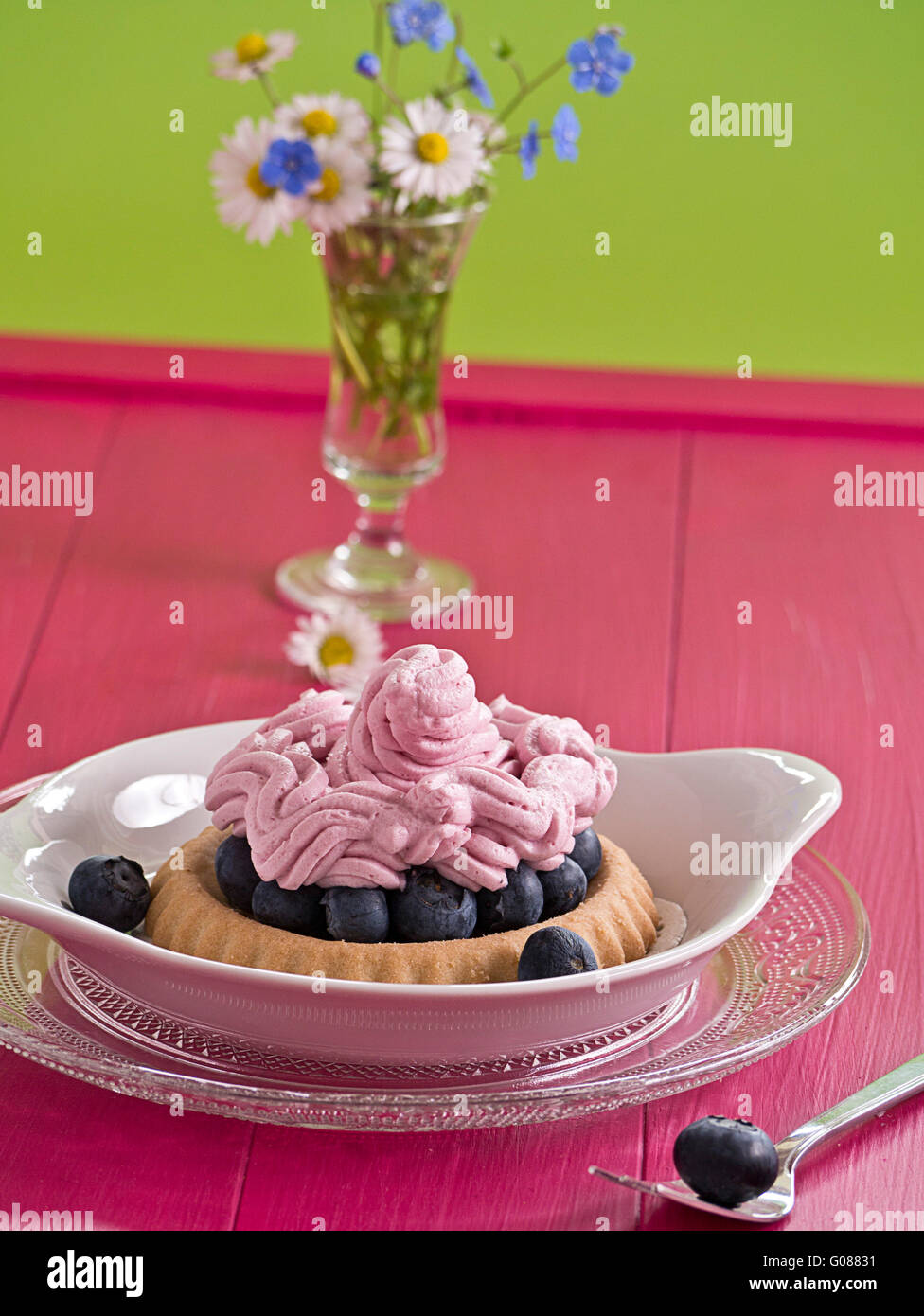 Blueberry cake with whipped cream and fresh bluebe Stock Photo - Alamy