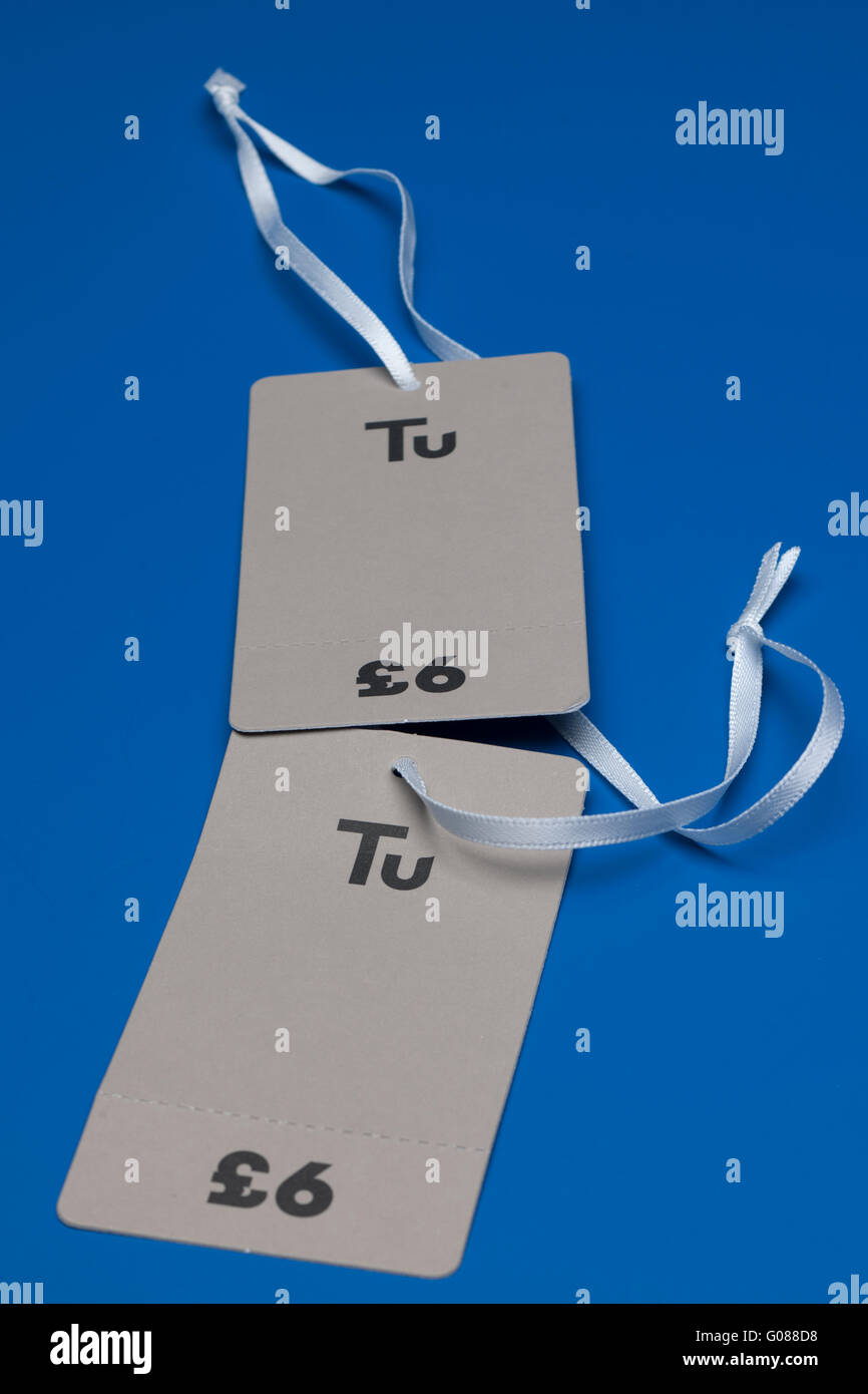 Two TU label tags priced at £6 Stock Photo