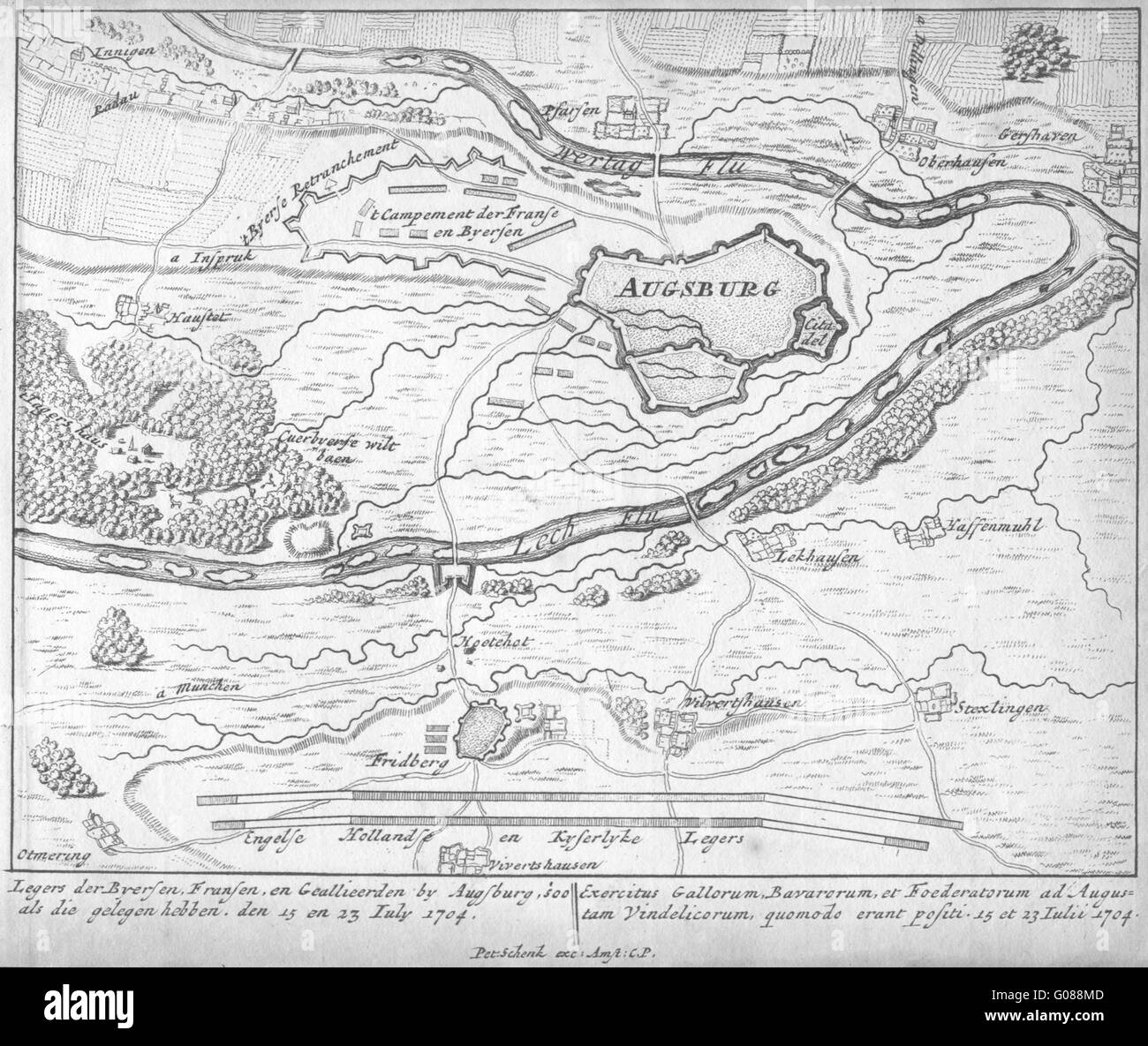 AUGSBURG 1704: Town plan by Schenk. Scarce. Bavaria, Germany, 1710 antique map Stock Photo