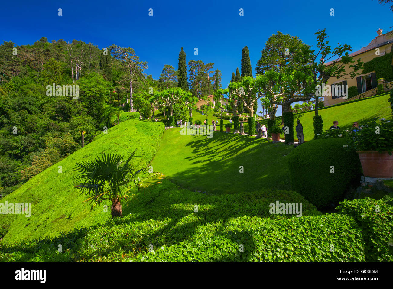 VILLA BALBIANELLO, ITALY - May 17, 2015 - View to garden in Villa Balbianello, Italy. Villa was used for several films scene lik Stock Photo