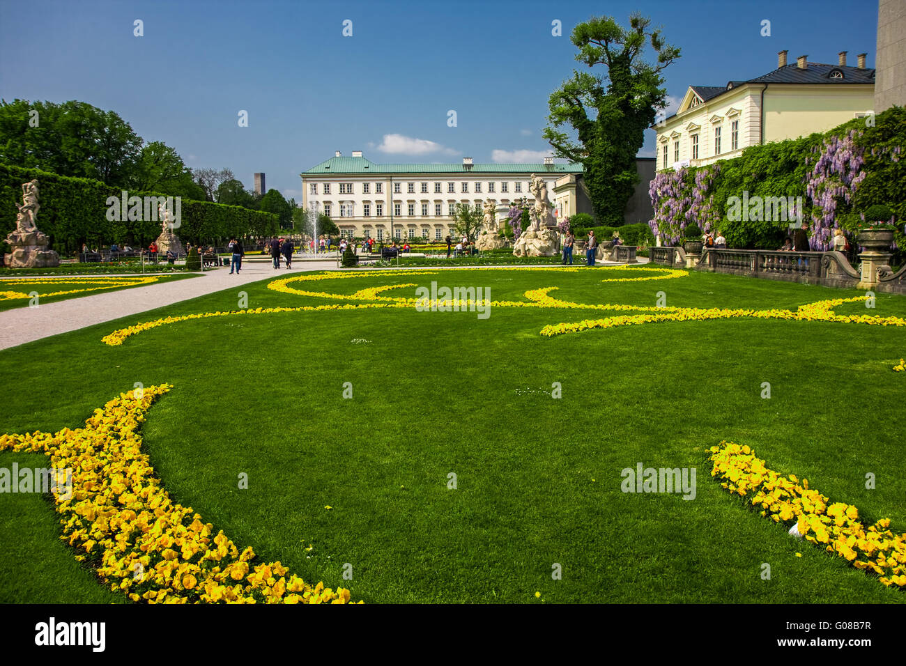 SALZBURG, AUSTRIA - Mai 1, 2009 - View to Mirabell Palace and Gardens in Salzburg. Gardens were opened to public in 1854. Stock Photo