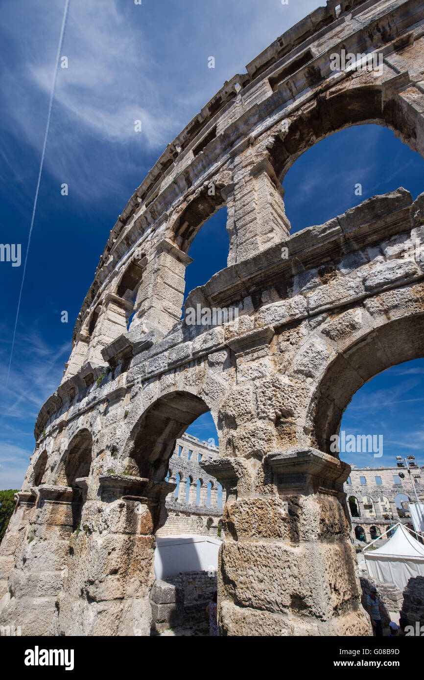 Ancient Roman Amphitheater and Church in Pula, Istria, Croatia Stock Photo