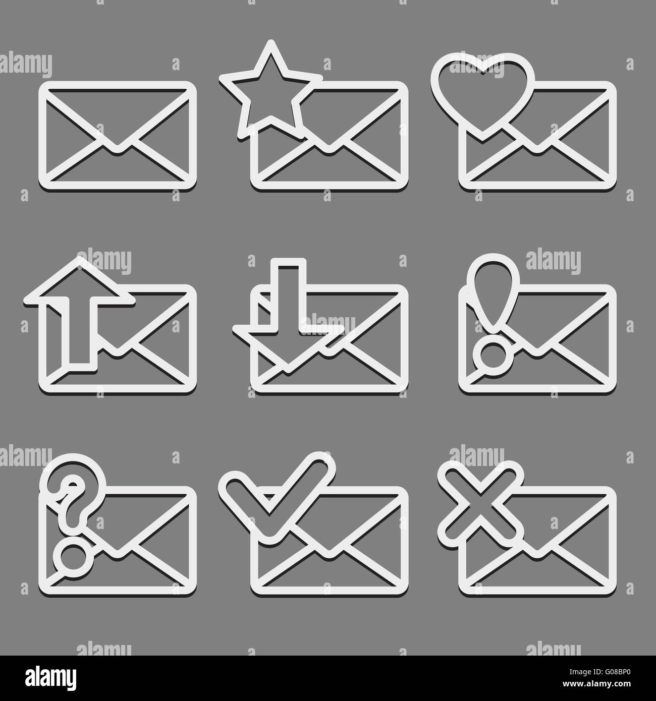 Mail envelope web icons set on dark background. Stock Photo