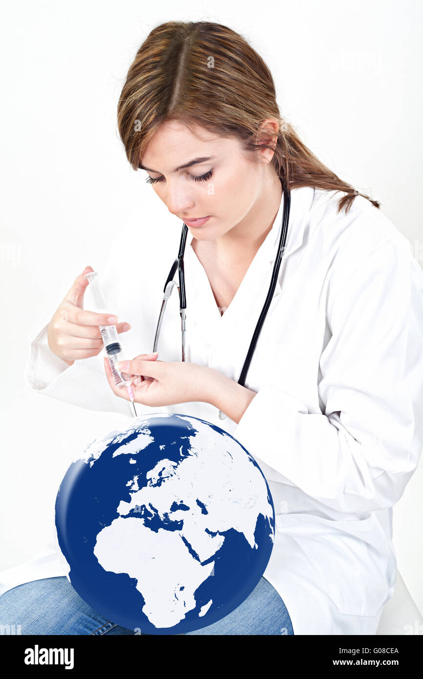 doctor woman give injection to world globe isolated on white Stock Photo