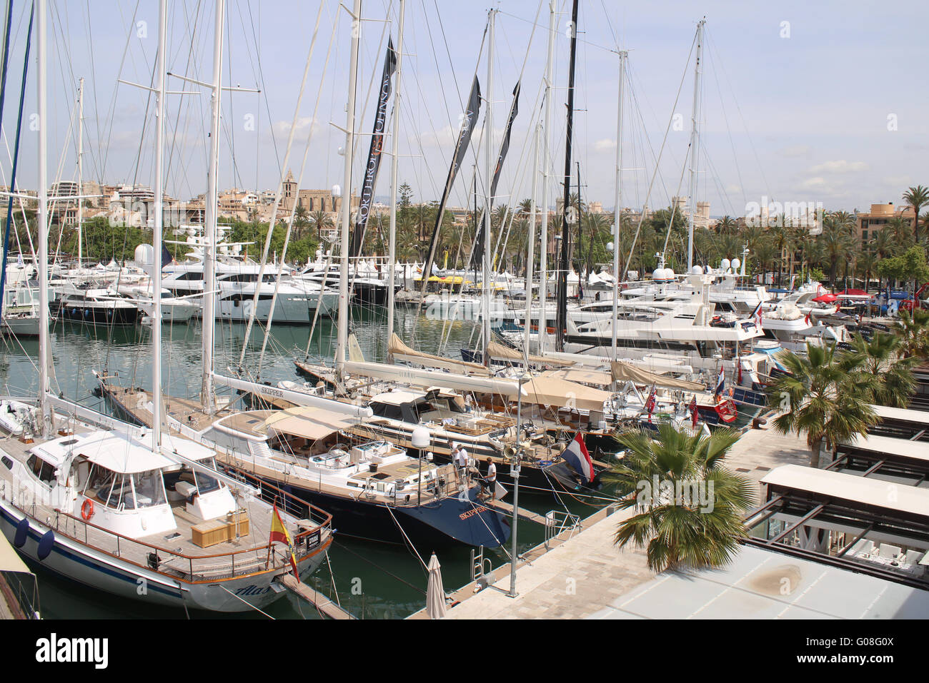 Palma International Boat Show 2016 and Palma Superyacht 2016 - Pre opening images - view over superyachts towards Paseo Maritimo Stock Photo