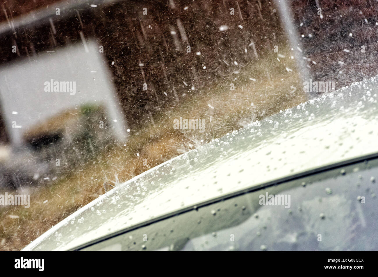 Roof of a car in a hailstorm Stock Photo