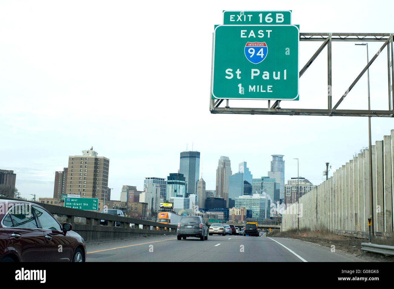 South skyline of Minneapolis on March 3, 2016 from freeway 35W approaching freeway 94 to St Paul. Minneapolis Minnesota MN USA Stock Photo
