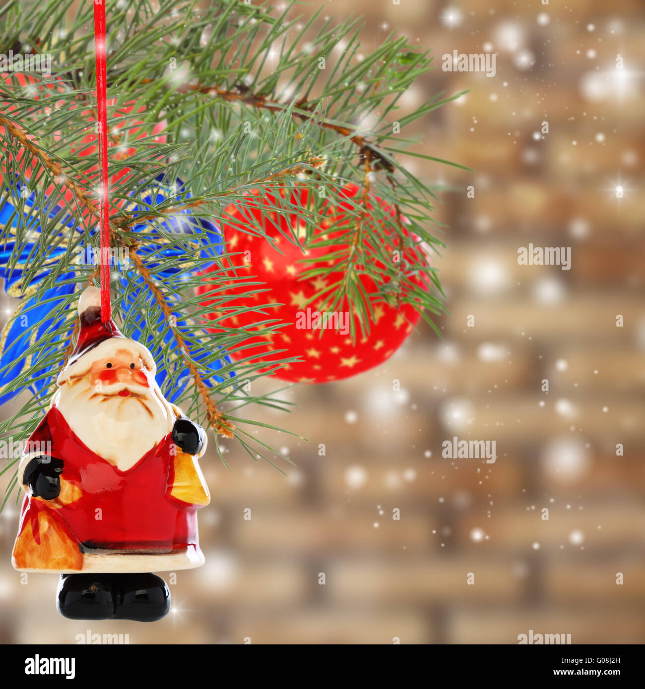 Christmas card with balls and Santa Claus. Collage. Stock Photo
