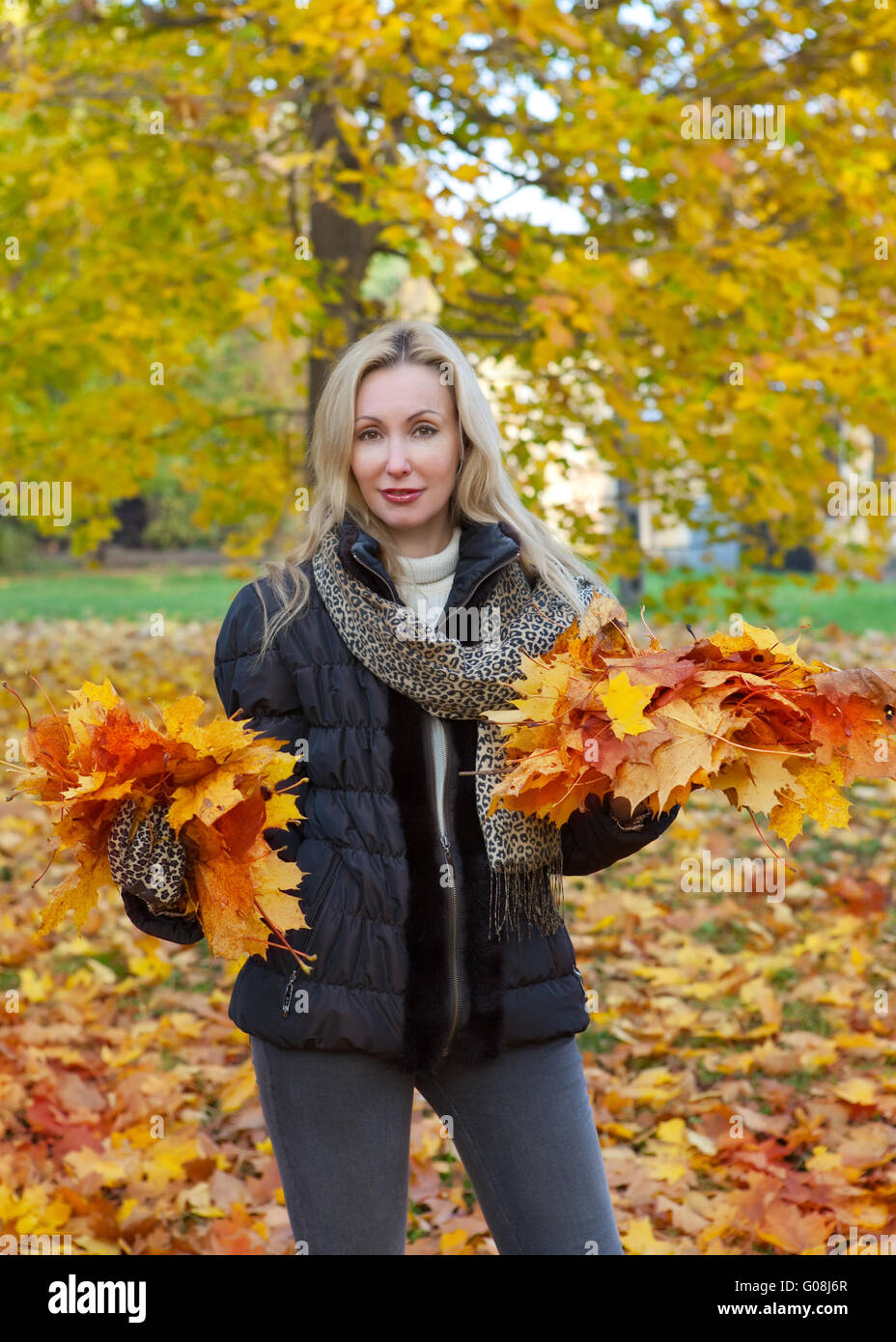 woman in autumn park with an armful of maple leave Stock Photo - Alamy
