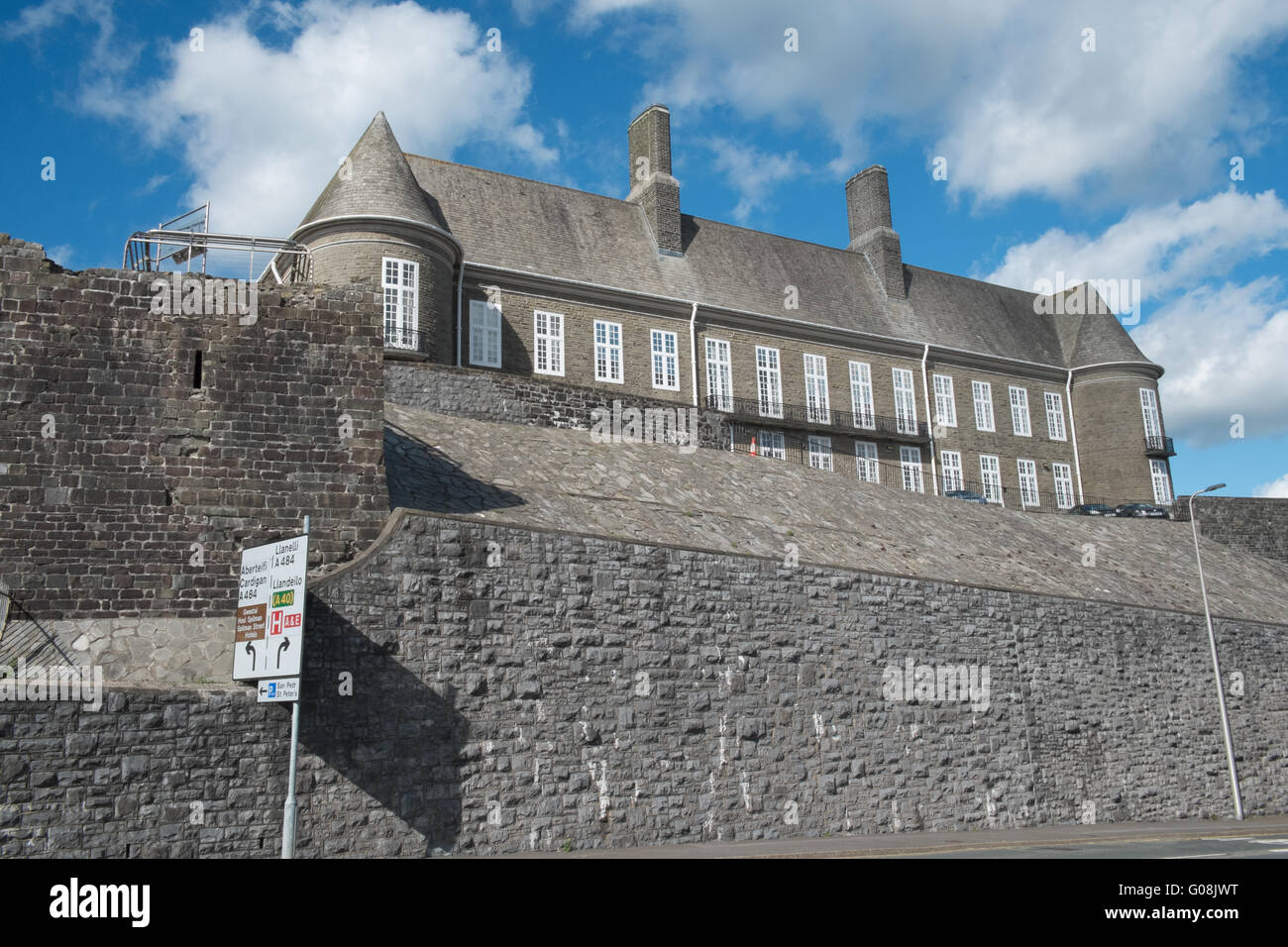 Carmarthen Castle walls, and Carmarthenshire County Council building in