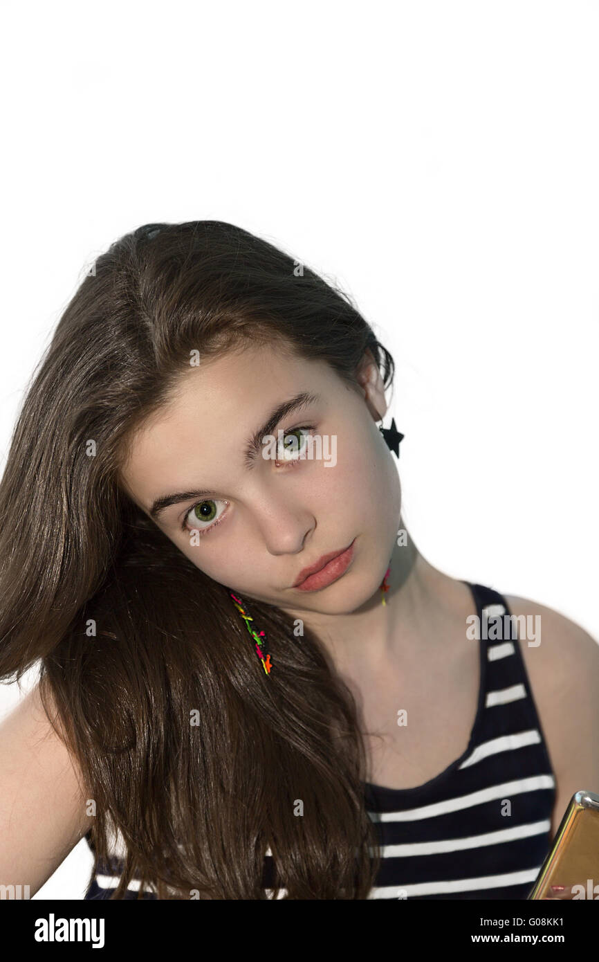 Portrait Of A Girl Teenager With Big Green Eyes Isolated On White