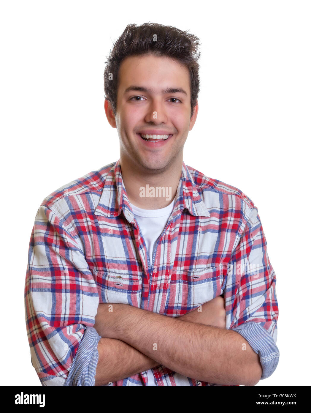 Laughing hispanic guy with crossed arms Stock Photo