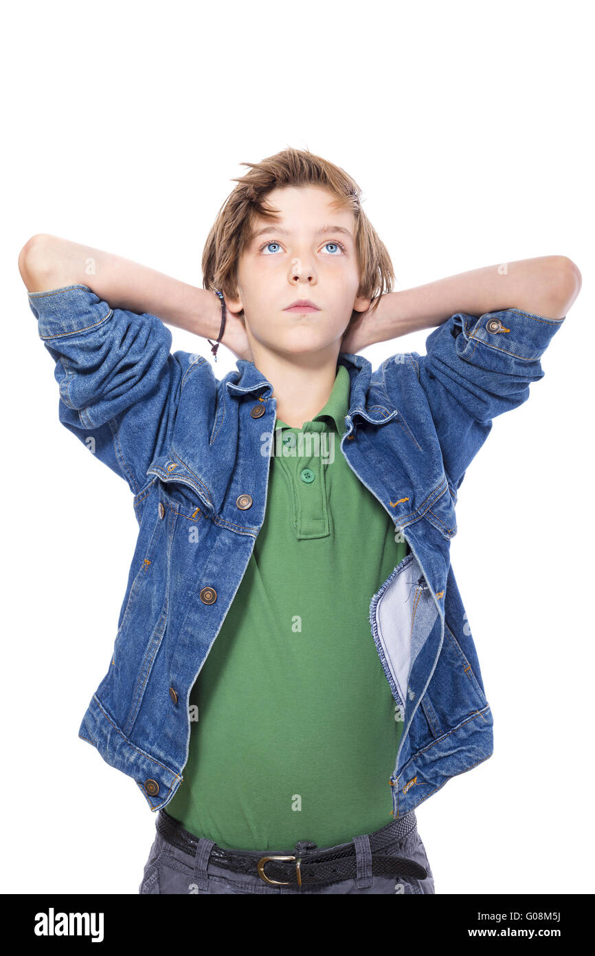 teenage boy with hands in behind his neck, isolated on white Stock