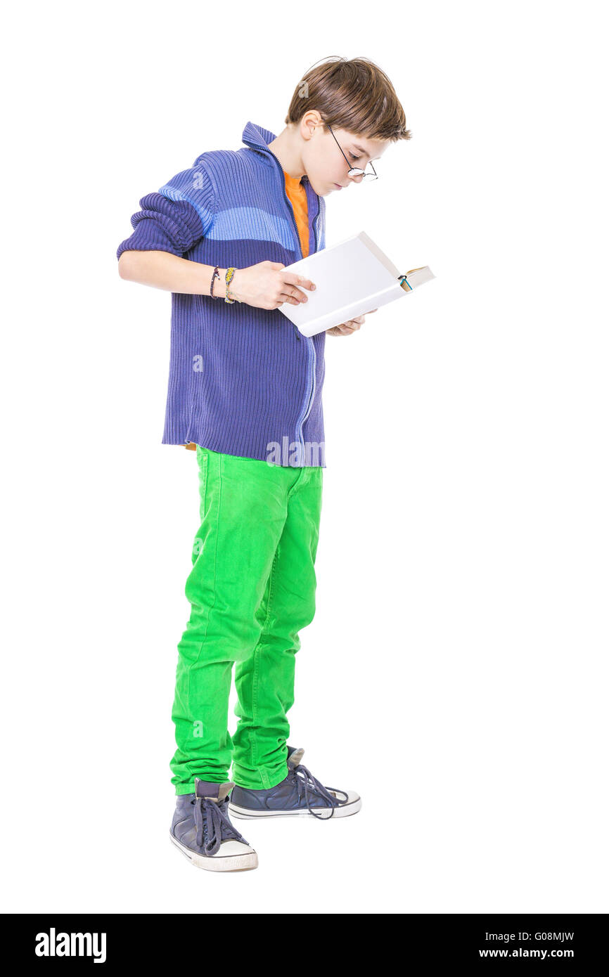 teenager boy with glasses reading a book, isolated on white Stock Photo ...