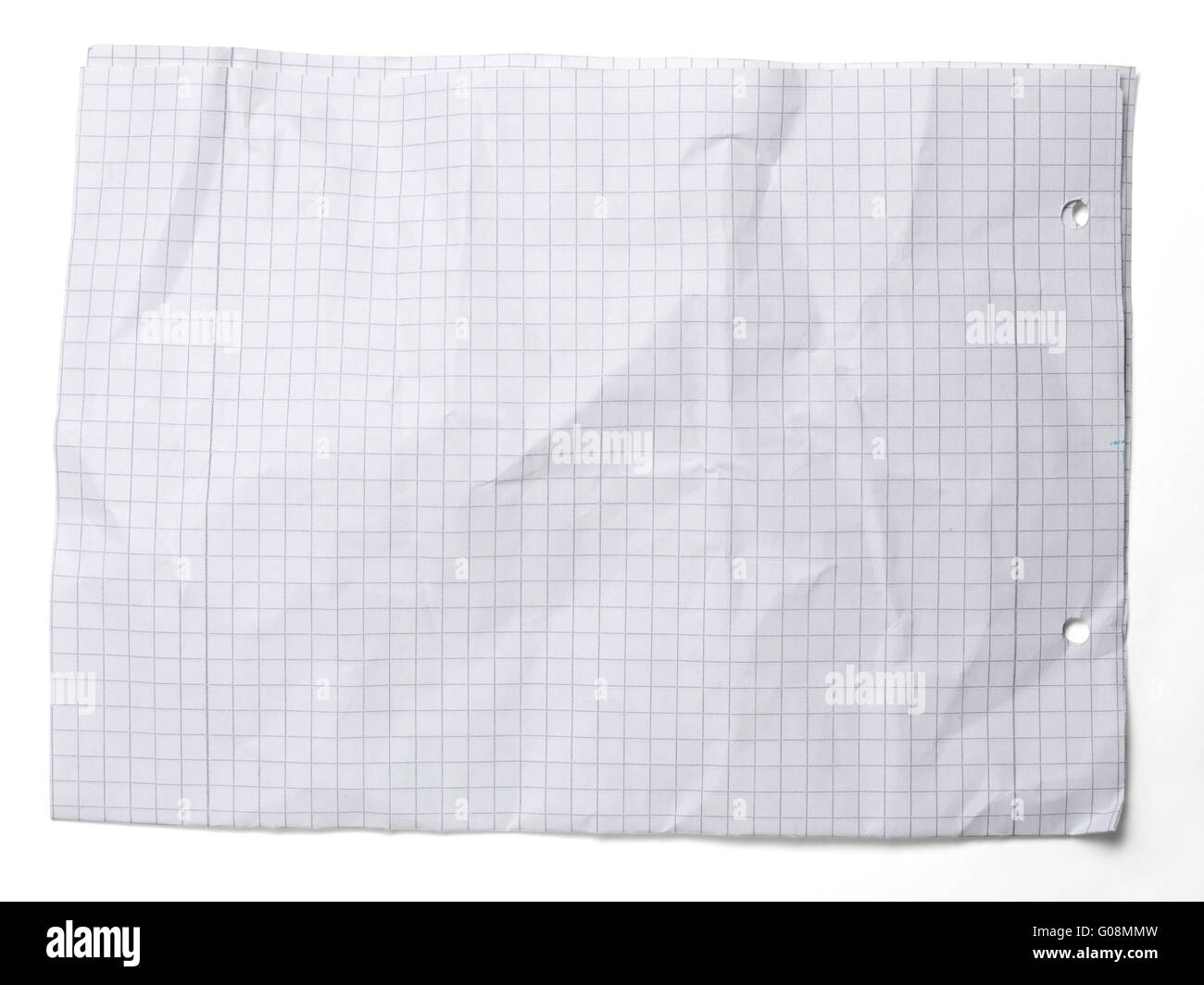 Crumpled squared sheet of paper isolated on white Stock Photo