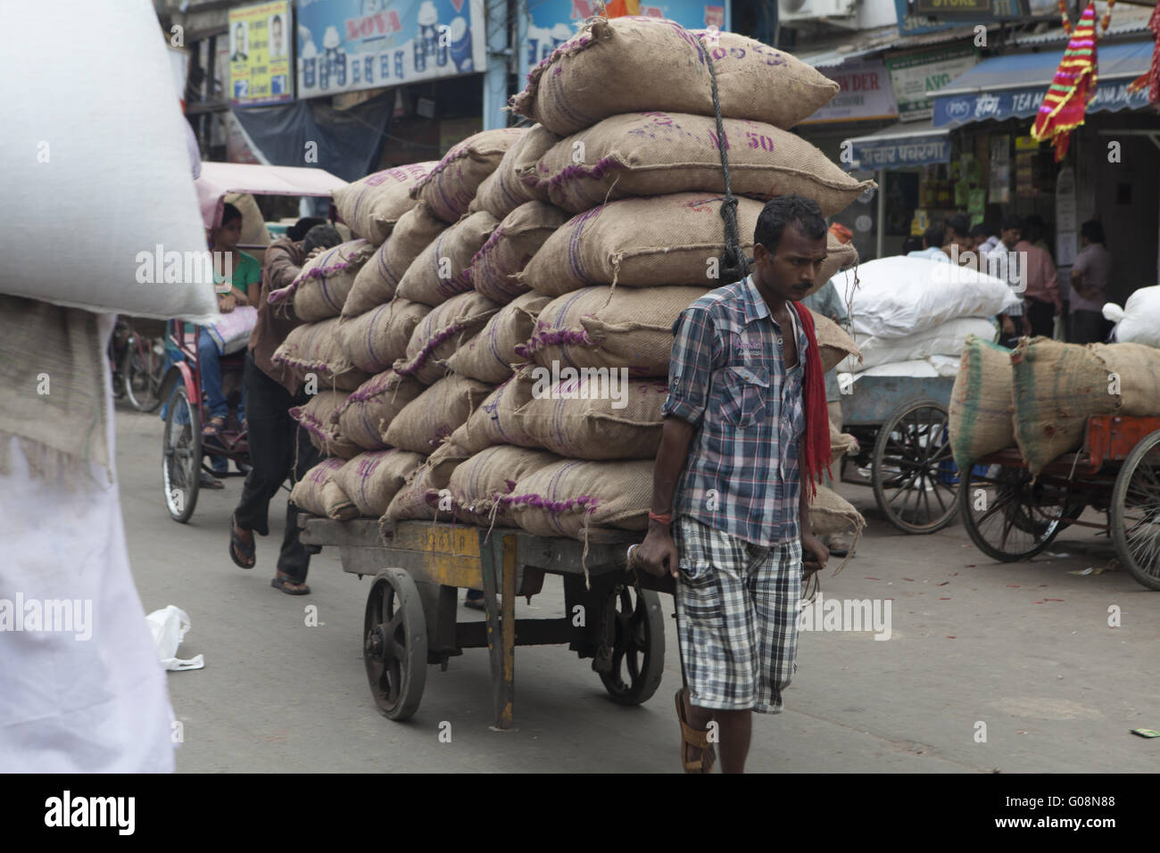 Indian carries packages on cart, Dehli, India Stock Photo