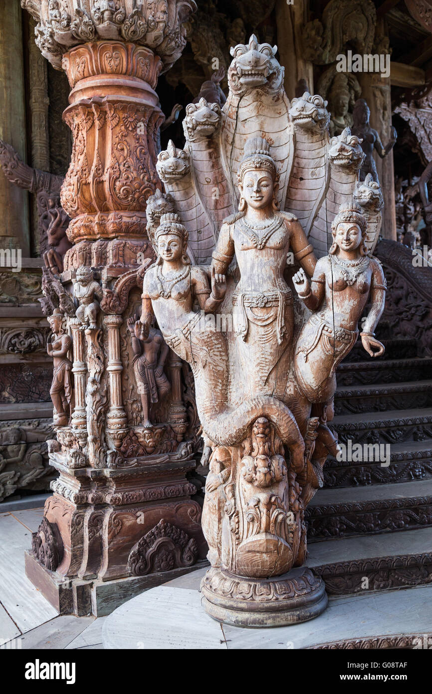 Wooden Naga statue in Sanctuary of Truth, Pattaya, Thailand Stock Photo