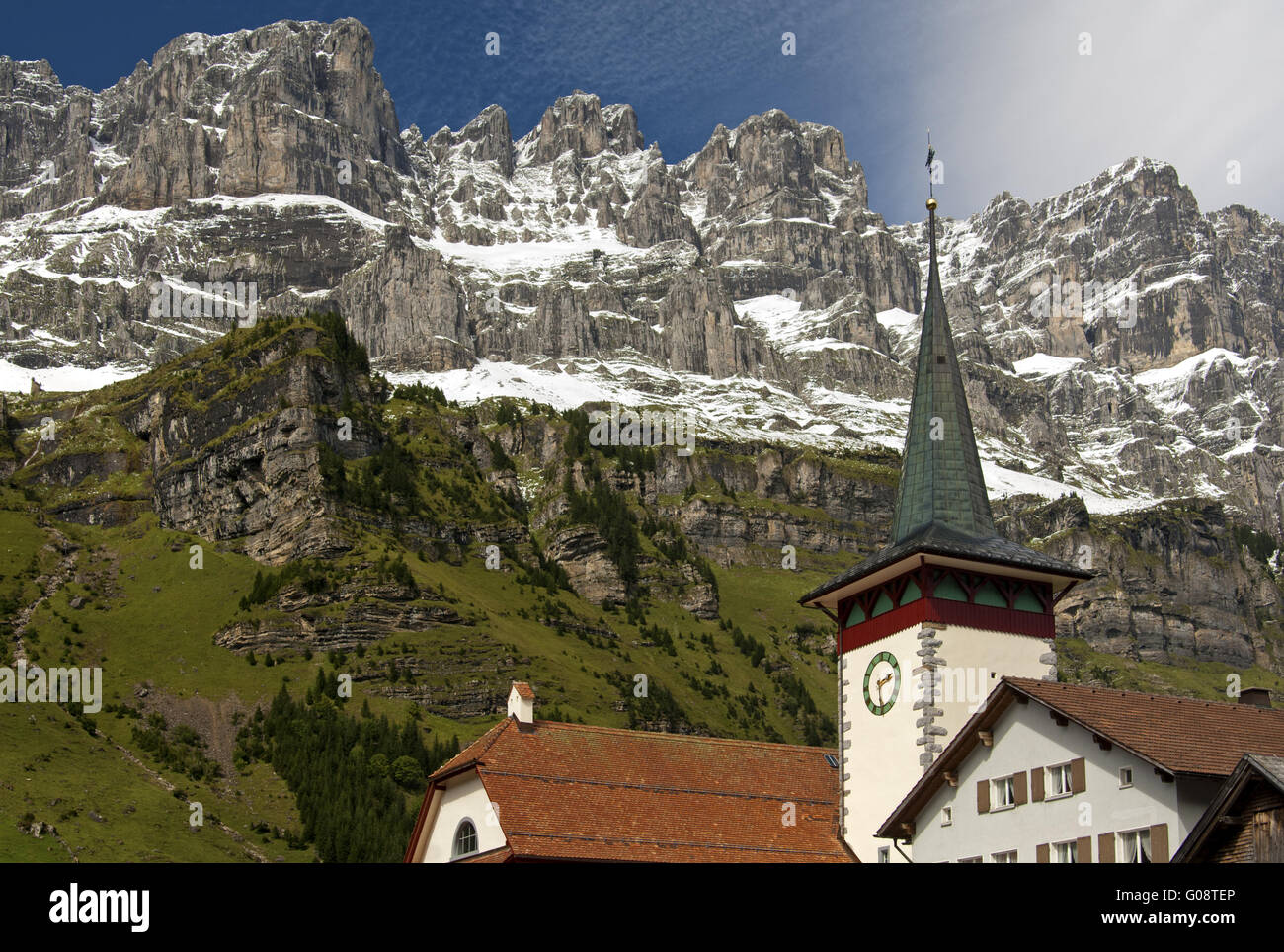 Spire of the Chapel St. Erhard, Glarus Alps, Uri Stock Photo