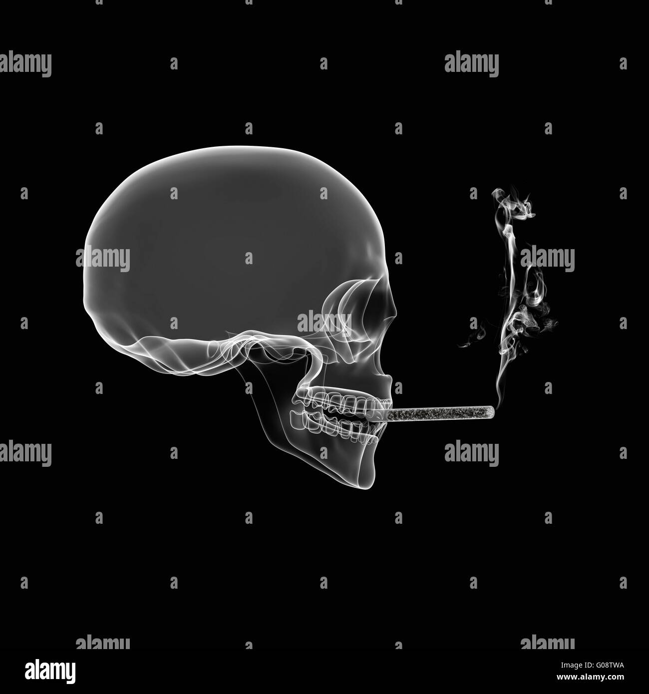 Human Skull smoking cigarette Stock Photo