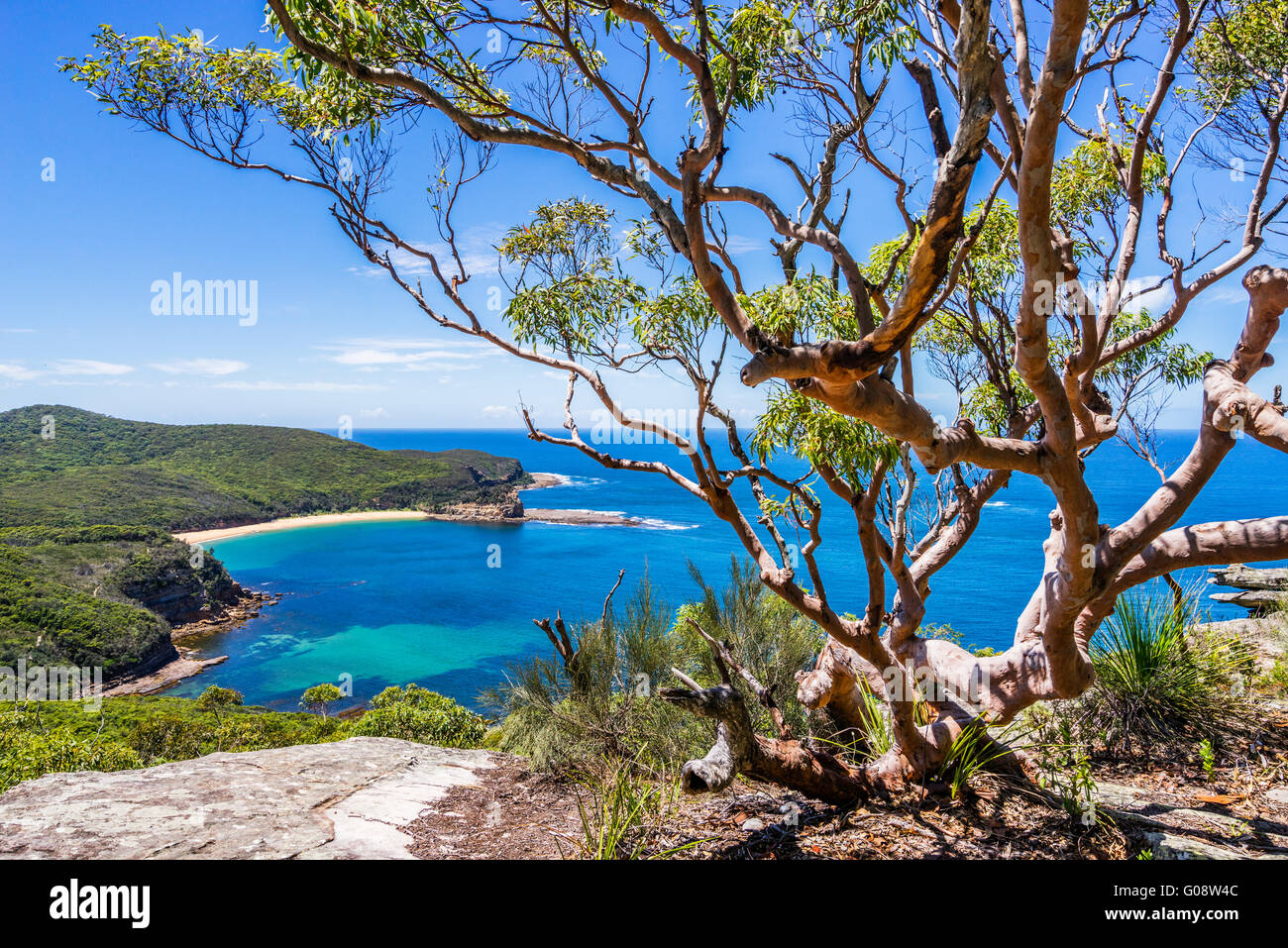 Australia, New South Wales, Central Coast, Bouddi National Park, view of Maitland Bay and Bouddi Point from Bullimah Lookout Stock Photo
