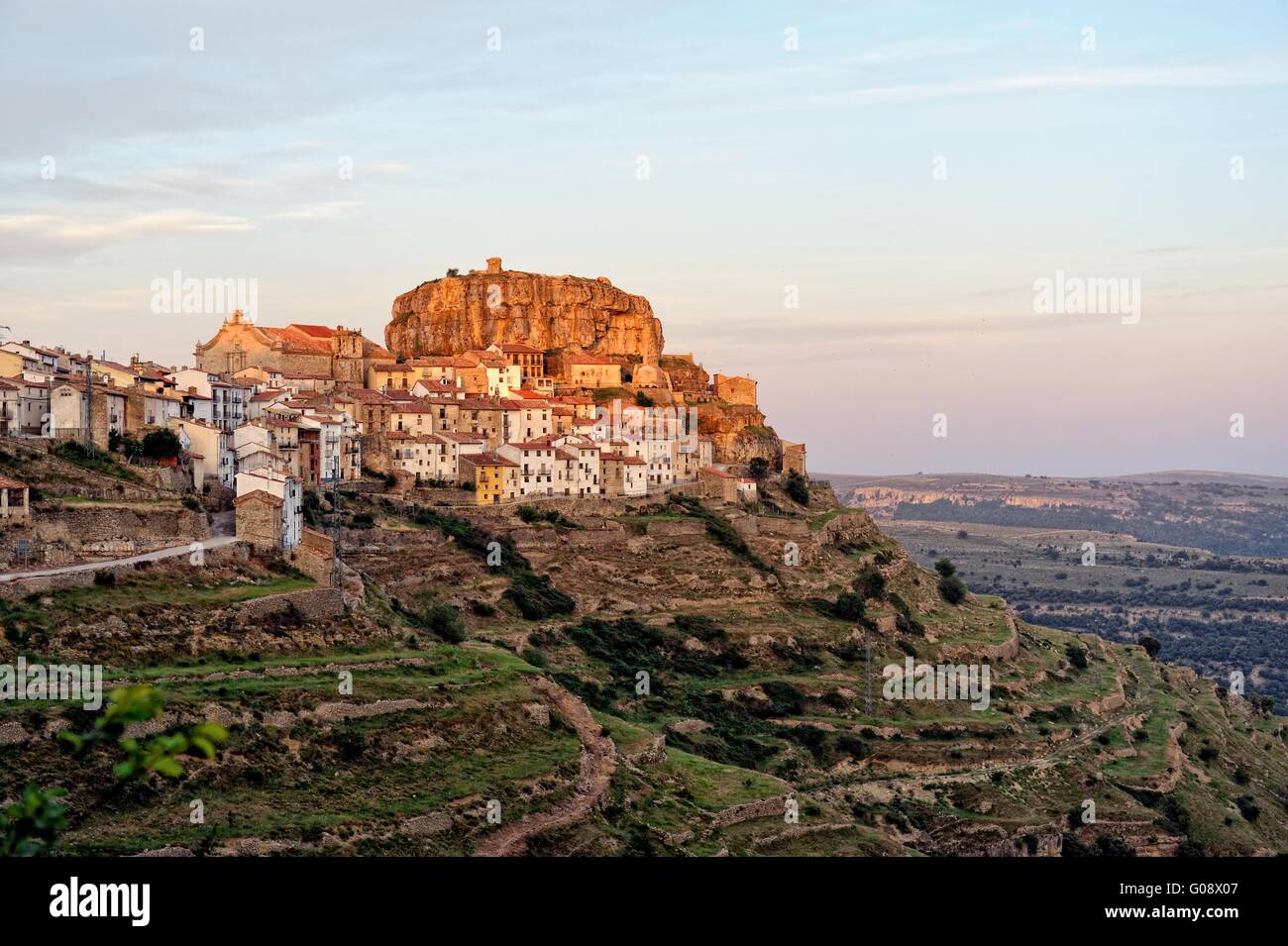Sunset landscape mountain view of the old town Ares in Spain. Stock Photo