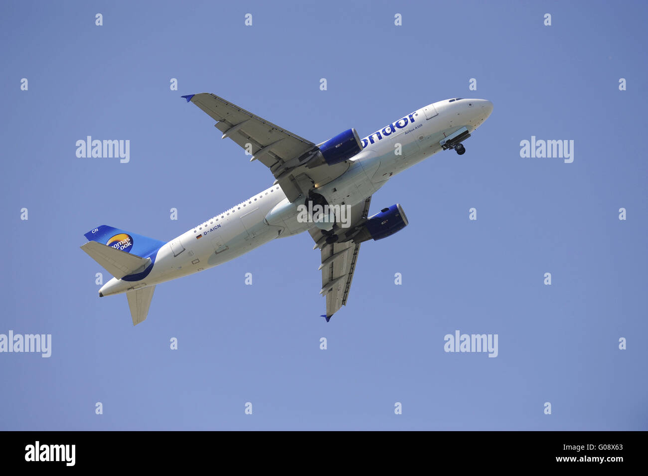 Thomas Cook airplane Airbus A 320 while take off Stock Photo