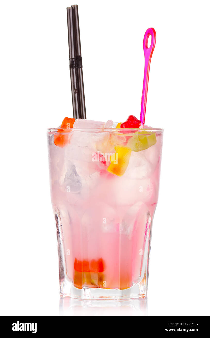 Pink alcohol cocktail with gummy bear candies isolated on white Stock Photo
