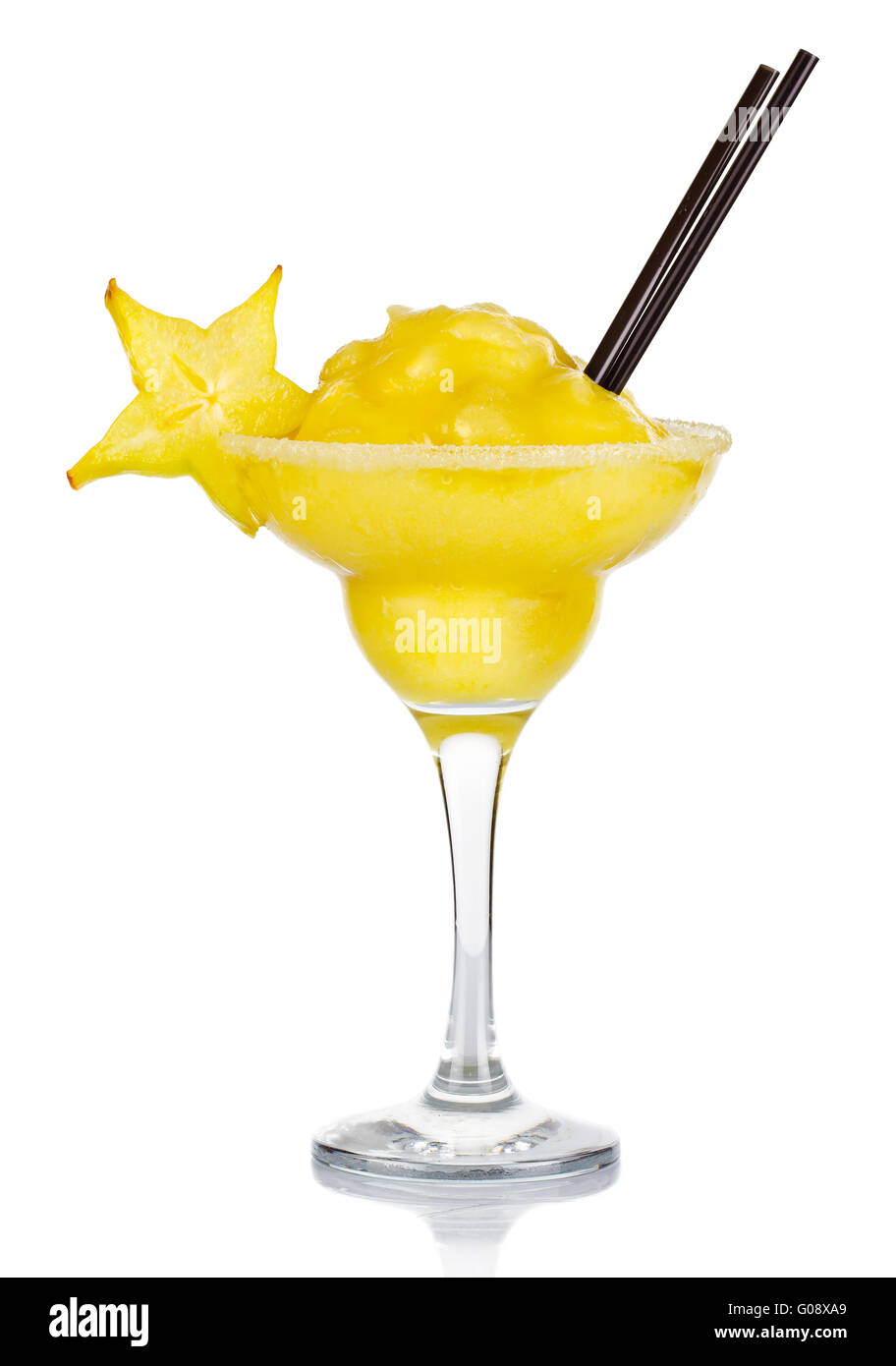 Yellow alcohol cocktail with fruit ice crush and carambola slices isolated Stock Photo