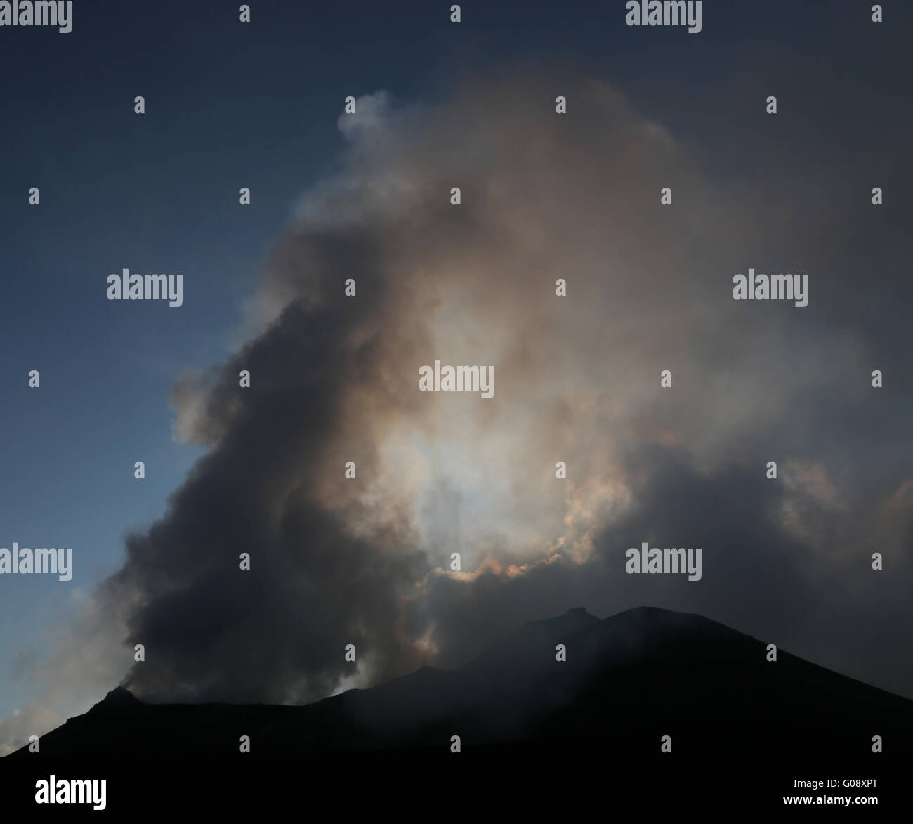 Steaming and smoking volcano Stromboli Stock Photo