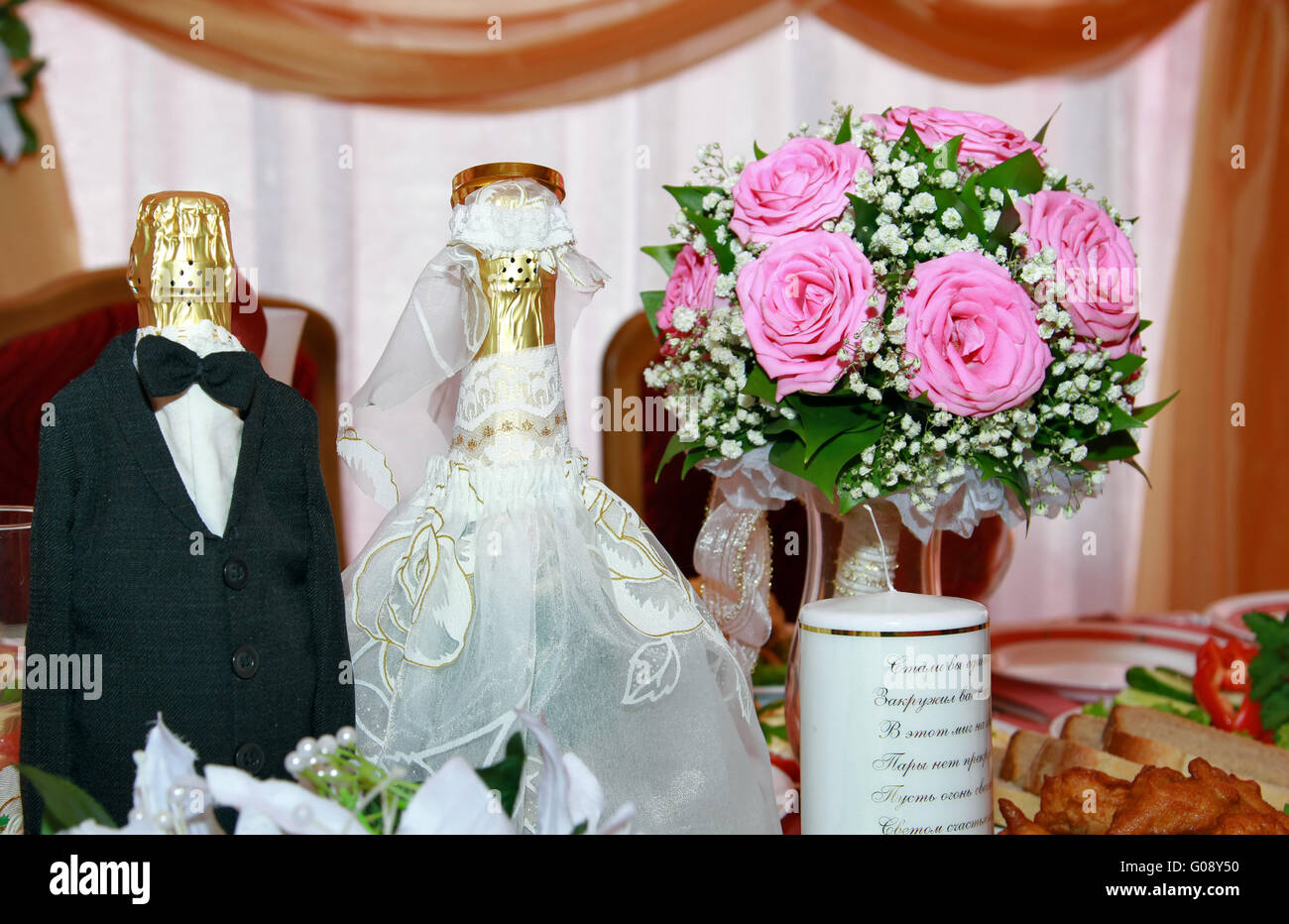 Decorated bottles wedding champagne and a beautifu Stock Photo
