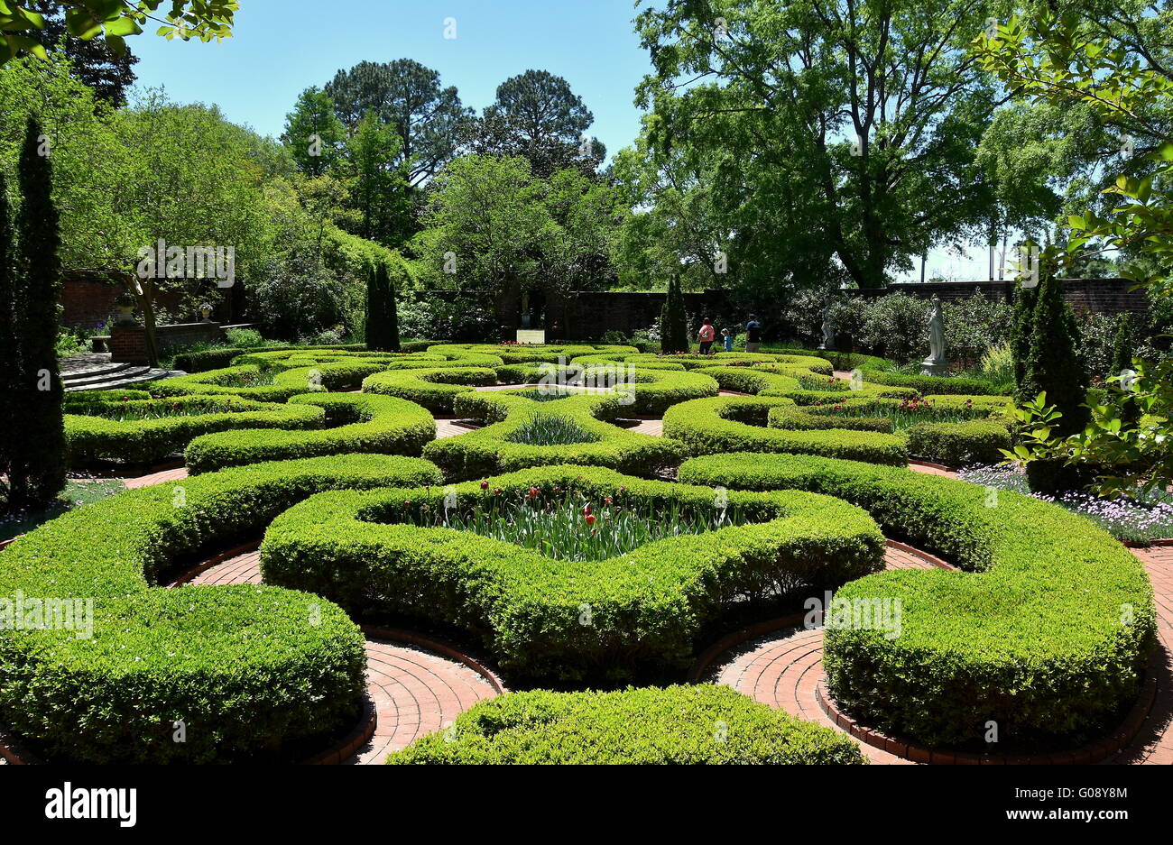 New Bern, North Carolina: Clipped Boxwood hedges line brick pathways in the Maude Moore Latham Memorial Knot Garden Stock Photo