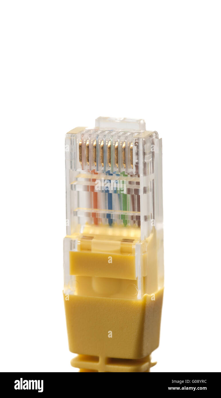 Yellow network cable with RJ45 connector on white Stock Photo