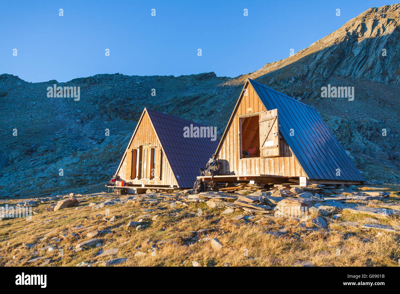 Mountain hut in the morning sunshine, Rifugio Pian Grand, Switzerland Stock  Photo - Alamy