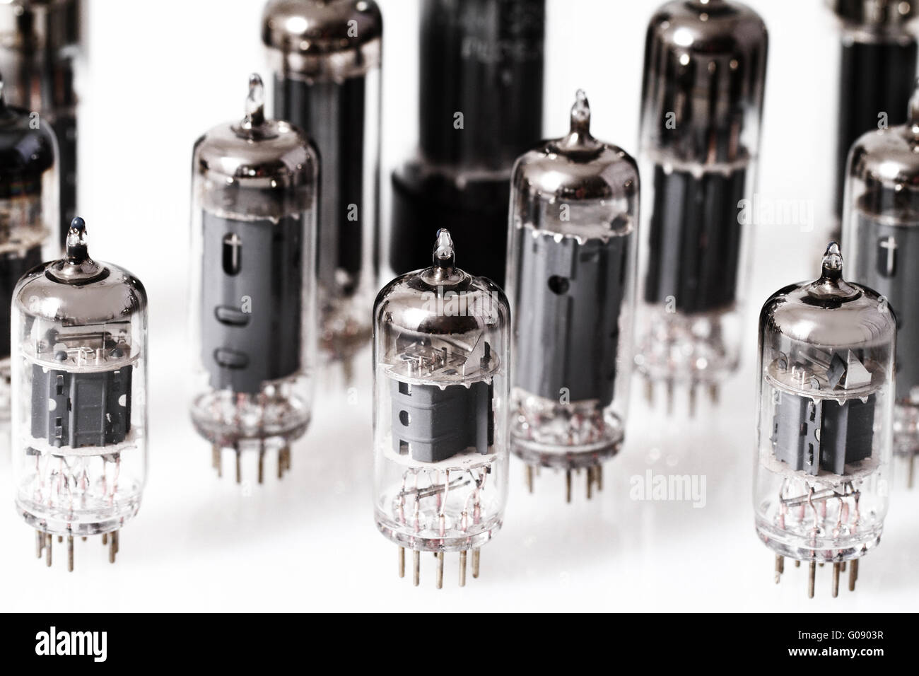 Glass vacuum radio tubes. Isolated image on white background Stock