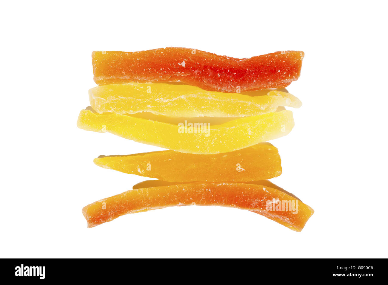 Sweet dried multicolored papaya in sugar isolated Stock Photo