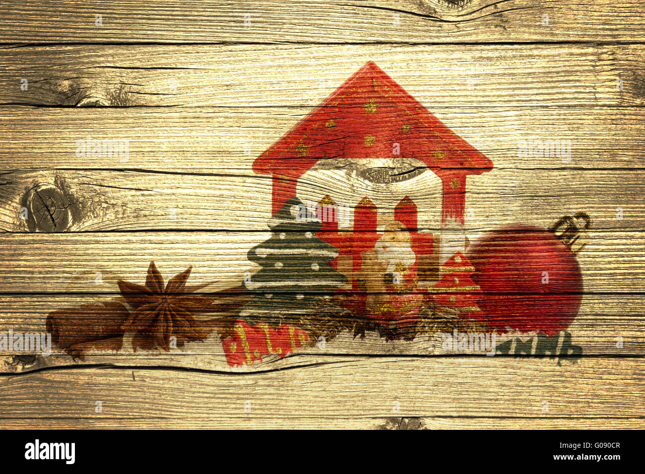 Christmas decoration with presents on wood board Stock Photo