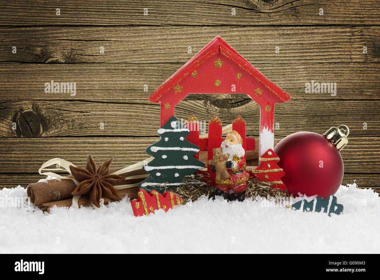 Christmas decoration with presents on wood board Stock Photo