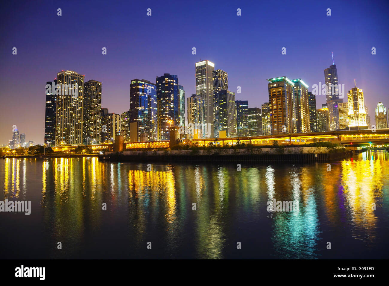 Chicago downtown cityscape panorama in the night Stock Photo - Alamy