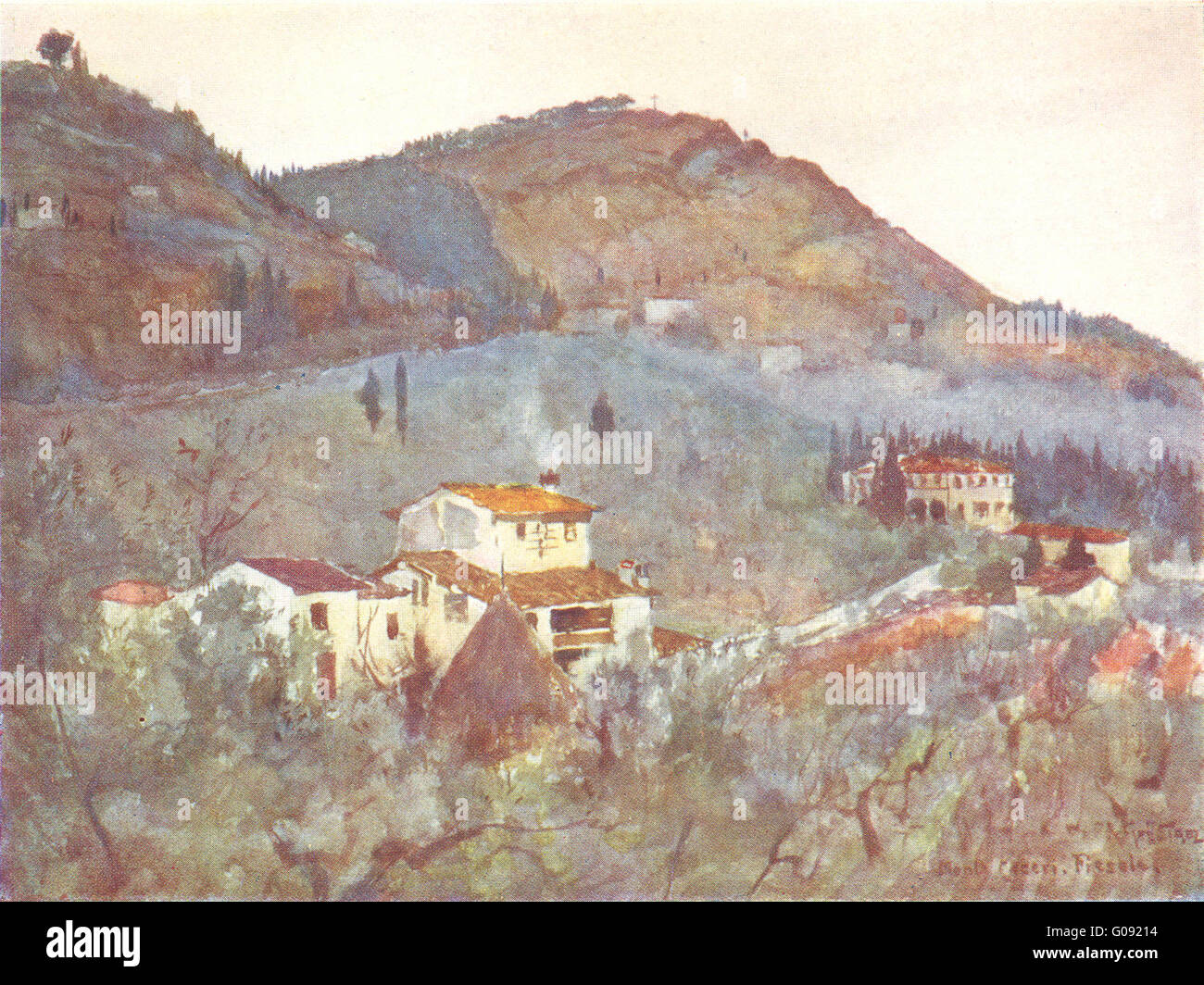 FIESOLE: Misty Morning below Monte Ceceri, antique print 1905 Stock Photo