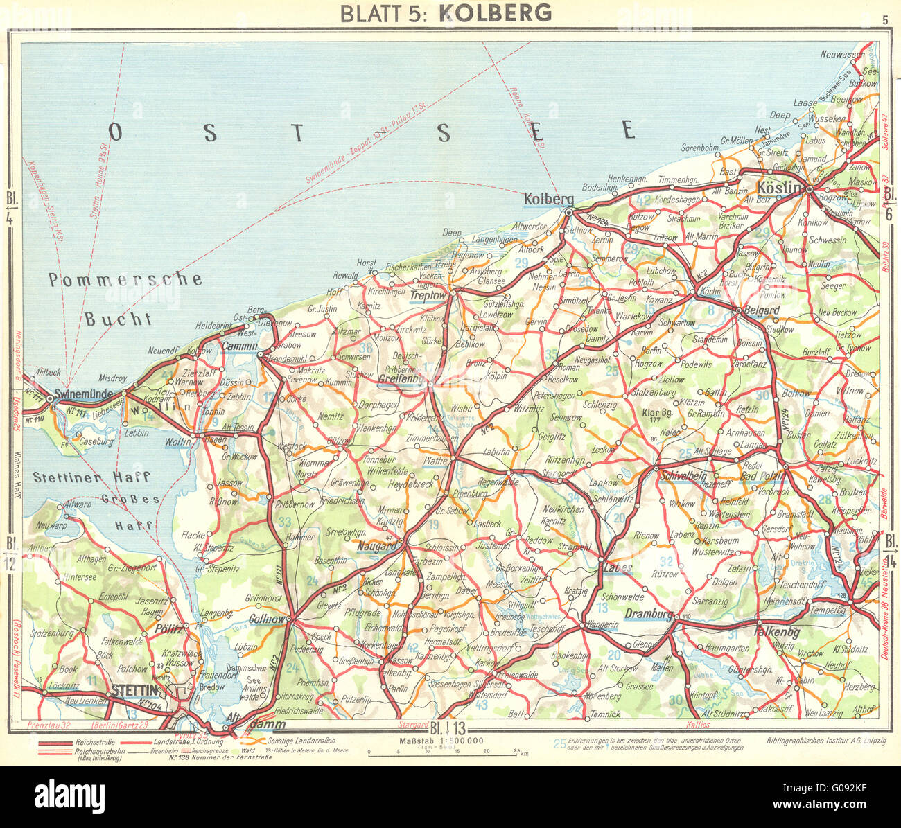 POLAND: Kolobrzeg, 1936 vintage map Stock Photo