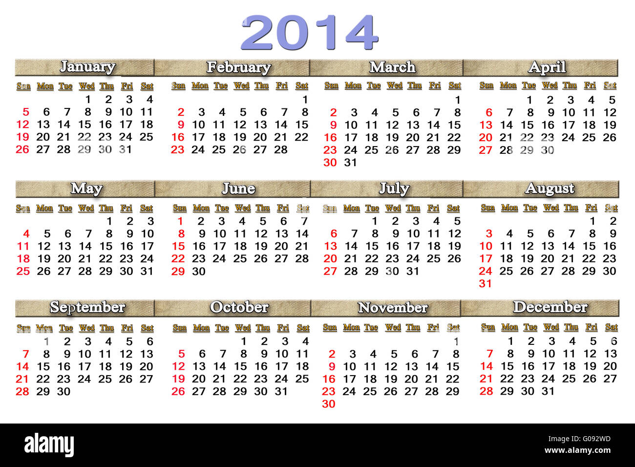 simple and accurate calendar for 2014 year on the Stock Photo Alamy
