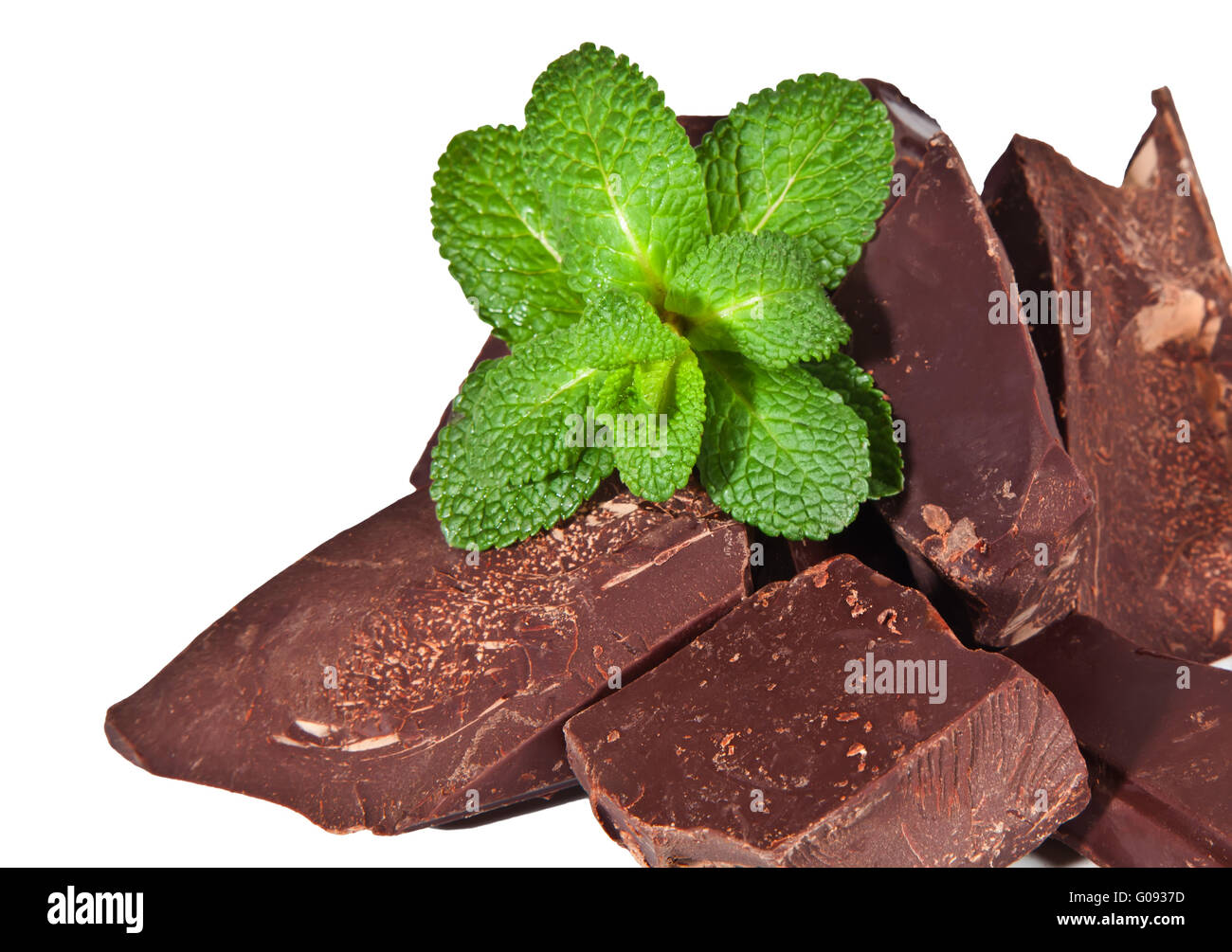 Heap of  black chocolate with mint Stock Photo