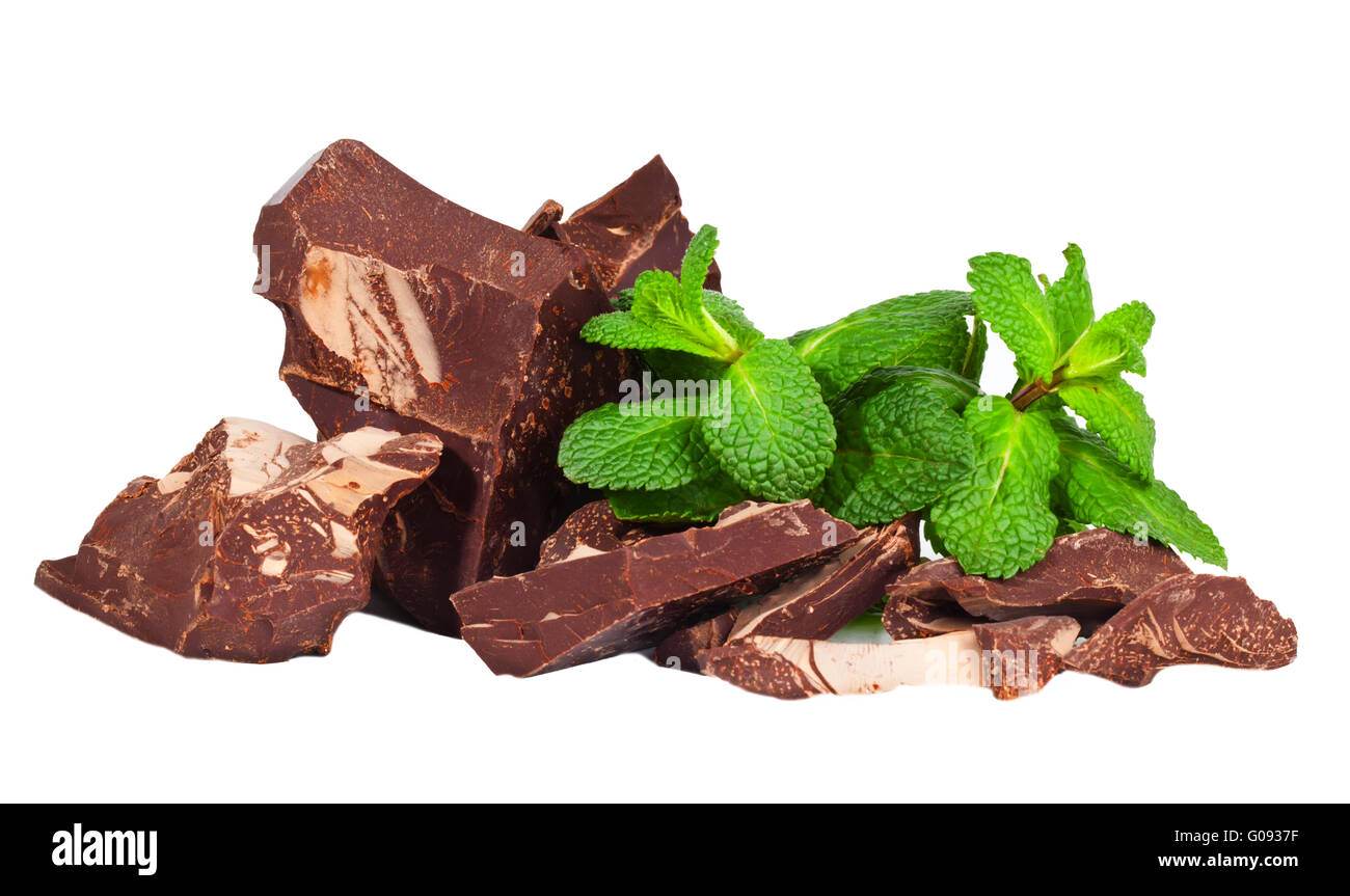 Pile of delicious black chocolate with mint Stock Photo